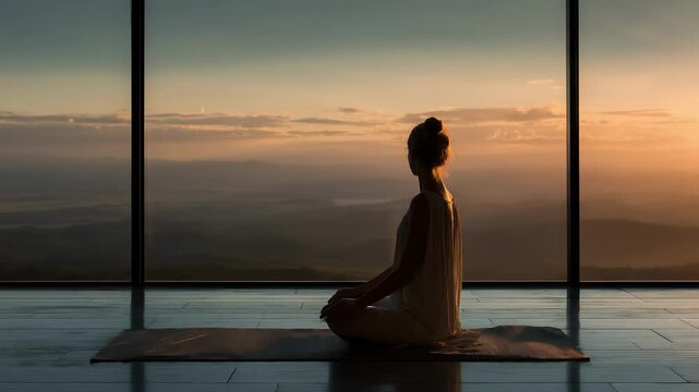 Silhouette of a person seated cross-legged on a yoga mat on a wooden deck, gazing at a sunset horizon; warm amber light streams through windows, casting a calm, meditative mood over hills