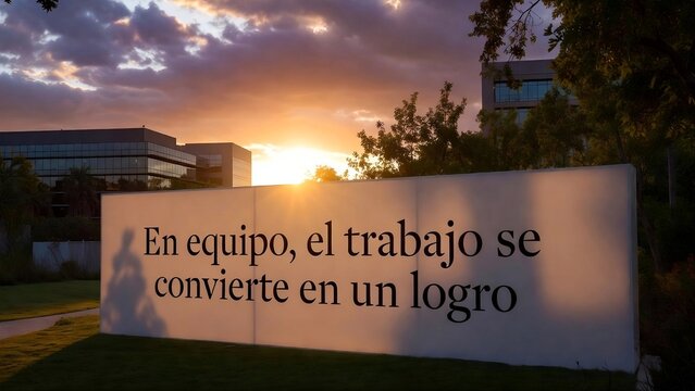 Inspirational Spanish Quote 'En equipo, el trabajo se convierte en un logro' on Wall, Modern Office Building at Sunset Background
