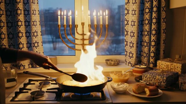 Jewish woman stirs frying latkes in pan as flames rise, with a lit menorah and festive food items visible on the kitchen counter
