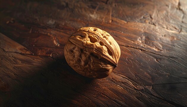 Single whole walnut shell on a rustic dark wood background with moody lighting