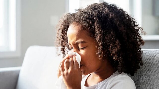 A dark-skinned little girl with a tissue blowing her nose, allergies, and sinusitis in the living room. At home, a medical virus with sneezing, flu, cold, and illness on the couch