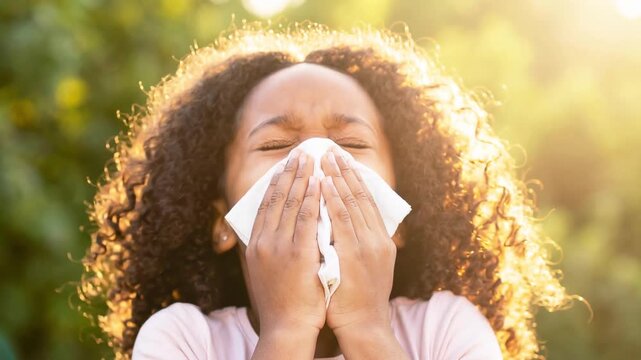 Dark-skinned little girl sneezing into tissue in sunny outdoor field, suffering from pollen allergy. The child with a cold is sneezing and holding a tissue
