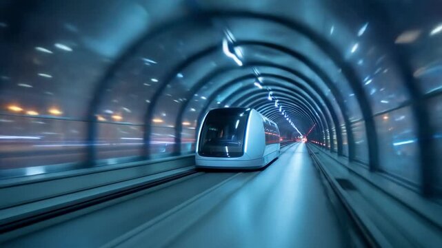 A sleek white train glides through a curved glass tunnel at night; blue neon lines outline the structure, reflecting on polished surfaces as city lights blur past outside.