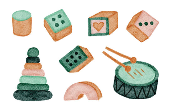 Cute Watercolor Kids Toys Illustration Set