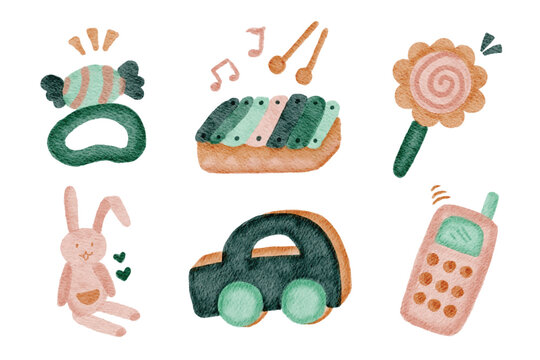 Cute Watercolor Kids Toys Illustration Set