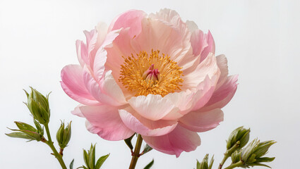 Obraz premium Delicate Pink Peony Blooming with Budding Green Shoots on White Background