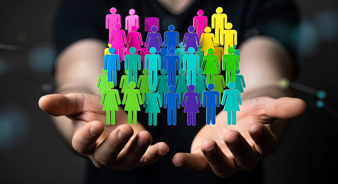 Diverse group of people coming together in unity and harmony in the palm of a person's hand