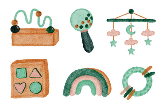Cute Watercolor Kids Toys Illustration Set