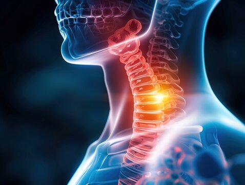 Medical illustration of Esophageal Cancer, a malignant tumor forming in the esophagus lining, commonly classified as squamous cell carcinoma and adenocarcinoma