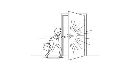 Obraz premium Cartoon illustration of a man bursting through a door with briefcase.