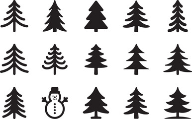 Obraz premium Christmas tree silhouettes and snowman outline on white background