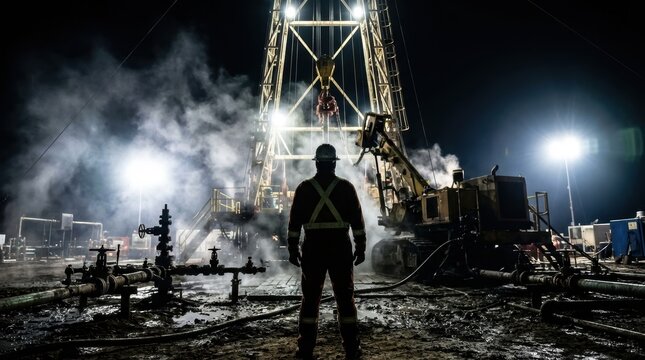 Silhouetted worker standing before a brightly lit oil drilling rig and heavy equipment at an active night site