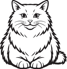Fototapeta premium American Bobtail Cat Loaf Sitting Front View Black and White Line Art