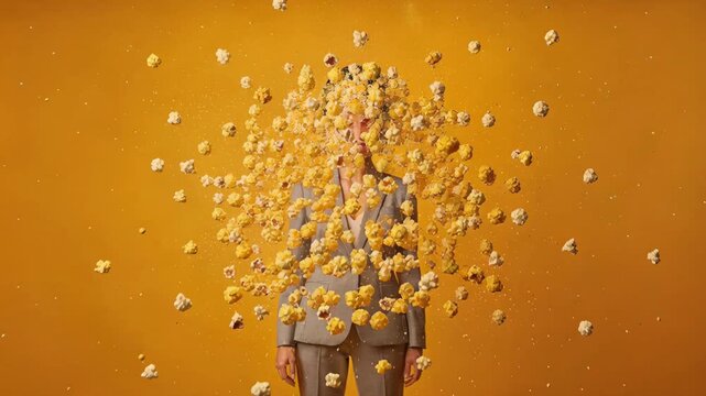 Businessperson wearing a suit with popcorn instead of a head on yellow background
