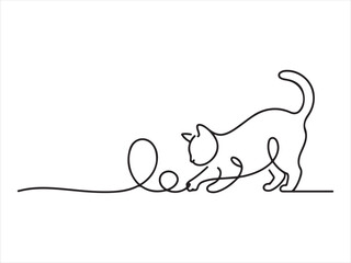 Cat playing one line drawing, Continuous One Line Drawing Cat Playing with Ball Minimal Line Art Vector Illustration © Chan