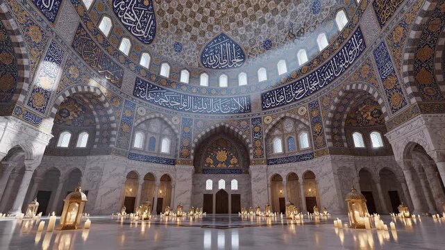 Interior of ornate mosque with lanterns and calligraphy at dusk