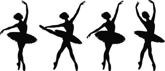 Four black silhouettes of ballerinas in various ballet poses wearing tutus and pointe shoes on a white background © Mokarrm Art
