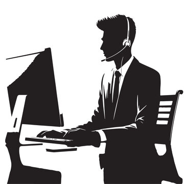 Black Call center agent Silhouette Vector, High Quality Illustration on White Background