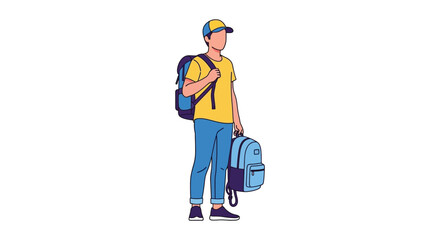 A young man with a backpack and cap stands facing forward in a colorful outlined silhouette high quality professional detailed modern © GDOthoi02