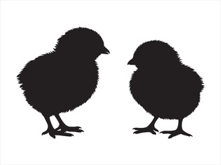 Fototapeta premium Baby chick silhouette vector, Two black silhouette icons of a cute baby chick standing farm animal vector illustration