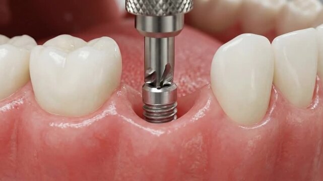 Close-up view of a dental implant being placed into the gum where a tooth is missing, surrounded by healthy teeth.