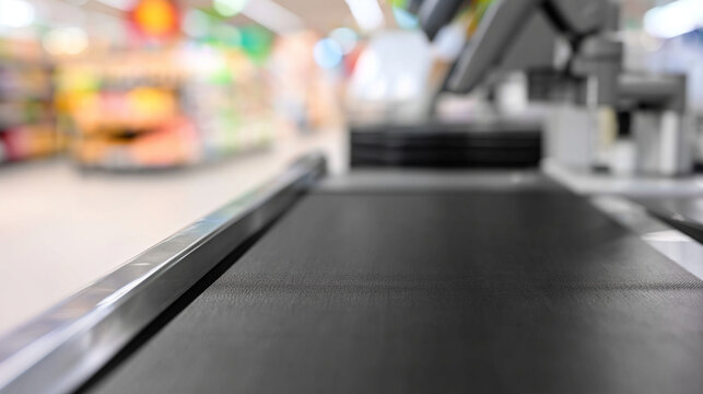 Empty supermarket checkout conveyor belt in grocery store. Retail point of sale counter for customer shopping. Payment process equipment in modern market aisle for food trade business.
