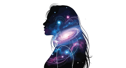 Female profile silhouette with a vibrant cosmic galaxy of swirling nebulas and brilliant stars representing profound inner thoughts.
