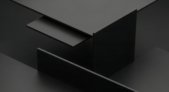 An abstract black background features a 3d vector design with black and white paper clips arranged near an empty cardboard box and a sleek black cube container for a modern business advertisement