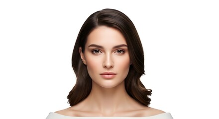 Naklejka premium Beautiful Woman with Brown Hair and Eyes on White Background