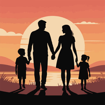 Happy Family Holding Hands at Sunset Silhouette Vector - Parents with Son and Daughter Outdoors