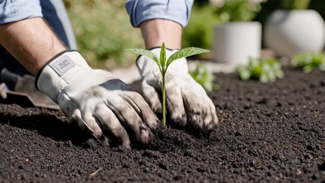 Gardener places small seedling into soil with hands. Bright outdoor setting with vibrant garden background. Concept of gardening, horticulture, landscaping