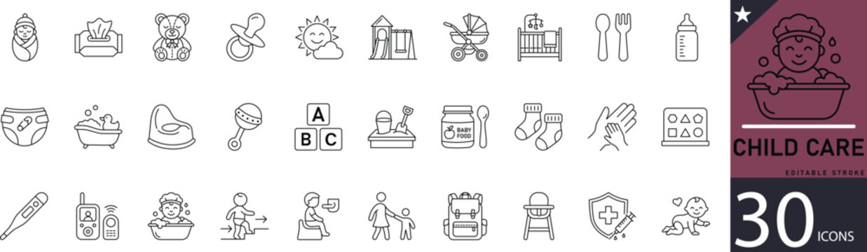 Minimal child care line icons for kids, parenting, baby, nursery, toys, and early education. Perfect for childcare apps, parenting platforms, and educational projects