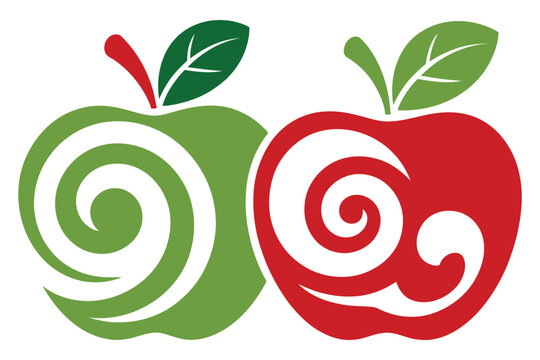 Stylized swirl apple fruit silhouettes with leaves and stems creative nature icons isolated on transparent background for logo design set