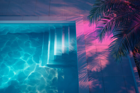 Aerial View of Luxury Swimming Pool at Night with Neon Cyan and Pink Lights Minimal Tropical Aesthetic