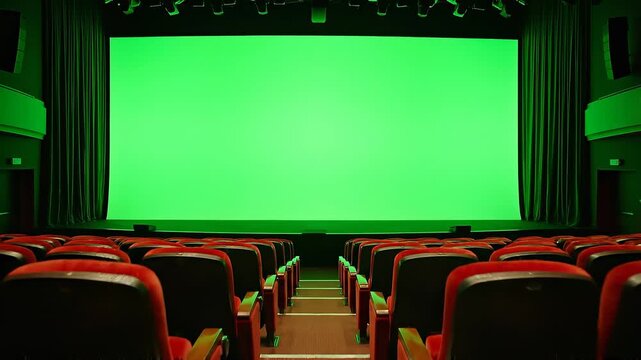 Interior view of an empty theater with red seats facing a large green screen, creating an atmosphere of anticipation