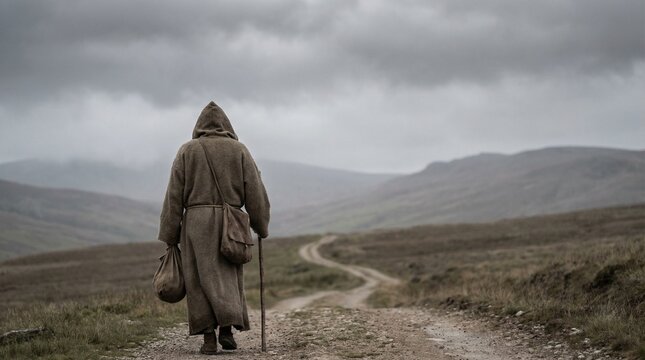 An ascetic with a staff and bag journeys through a remote, desolate landscape on a winding path under a cloudy sky, viewed from behind.