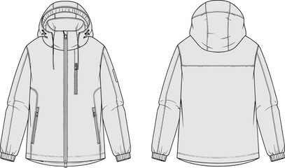 Technical hooded parka jacket design template vector, mens winter outerwear mockup with front and back view, black and white apparel sketch. © MdFiroz