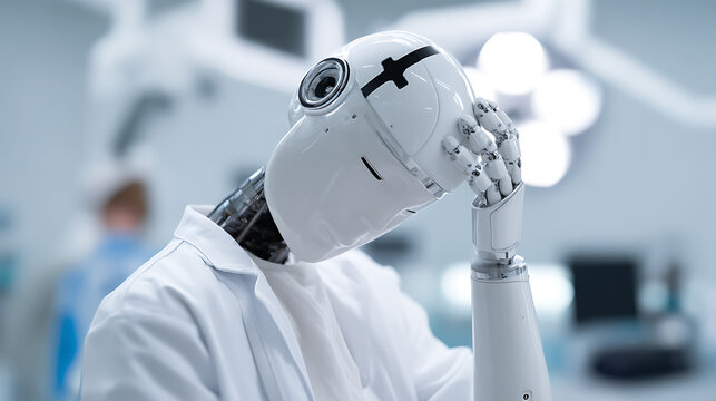 Confused AI Robot in Lab Coat Ponder Human-Like Thinking in a Futuristic Medical or Research Environment with Bright Lighting and Technology