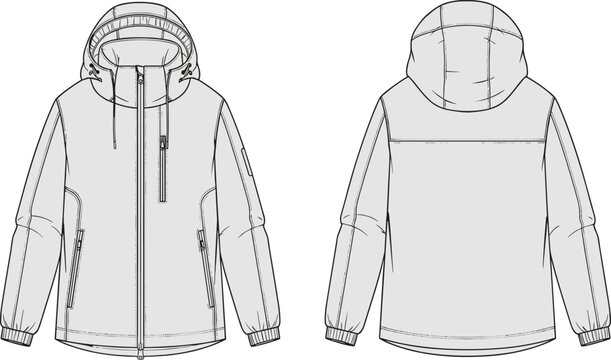 Technical hooded parka jacket design template vector, mens winter outerwear mockup with front and back view, black and white apparel sketch.