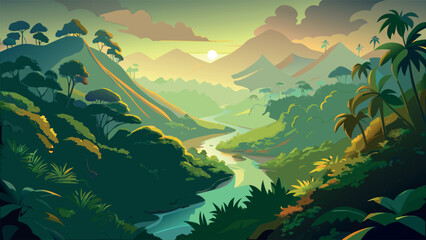 Tropical Jungle River Valley at Sunset Illustration © SABIHA
