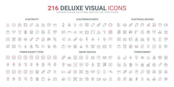 Electrical devices, electricians toolbox, power energy stations and transport, electricity line icon set. Electronic industry parts, smart system thin black and red outline symbols vector illustration