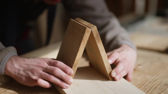 A craftsman's hands carefully assemble wooden planks on a sturdy workbench. This close-up shot highlights the precision and detail involved in woodworking.
