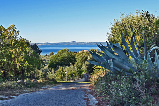 La via francigena fra Bolsena e Montefiascone, fra boschi, campagna  e scorci sl lago di Bolsena, Tuscia, Lazio