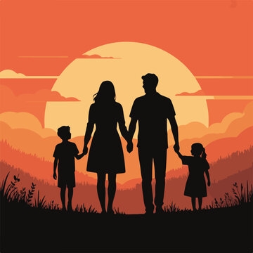 Happy Family Silhouette Walking Together at Sunset &ndash; Parents with Son and Daughter in Nature Landscape Vector Illustration