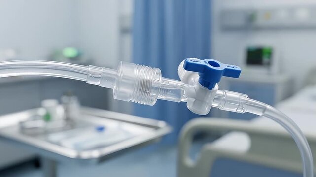 Intravenous tube with blue valve in hospital room medical equipment for patient care clear plastic tubing close up fluid delivery and control healthcare environment background