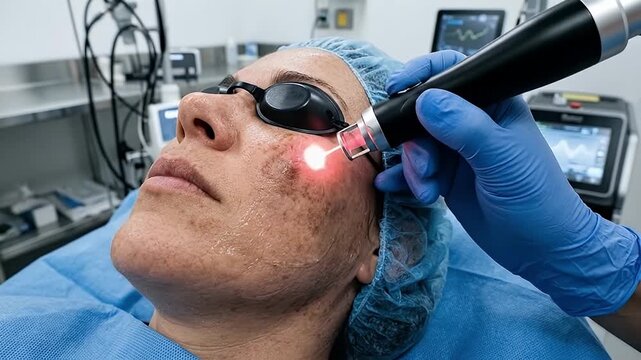 Laser treatment skin care facial rejuvenation medical procedure dermatologist clinic patient protective eyewear blue gloves laser device acne scar removal cosmetic treatment beauty therapy healthcare