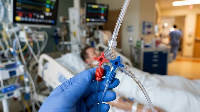 Medical tubing with red and blue valves held by gloved hand hospital room patient bed healthcare equipment monitor critical care intravenous catheter intensive care medical device healthcare