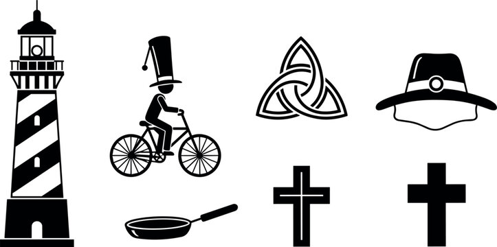 Black lighthouse silhouette set, cyclist wearing top hat icon, celtic trinity knot, religious cross symbols, vintage pilgrim hat, frying pan vector.