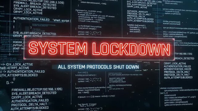 System lockdown protocol cybersecurity firewall authentication failed breach detected crypt lock active alert network security data breach hacking warning error message shell script reject delta halt