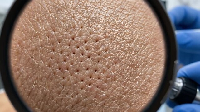 Close up magnifying glass reveals detailed human skin texture with visible pores, hair follicles, and fine lines in clinical dermatology examination for skin health care inspection